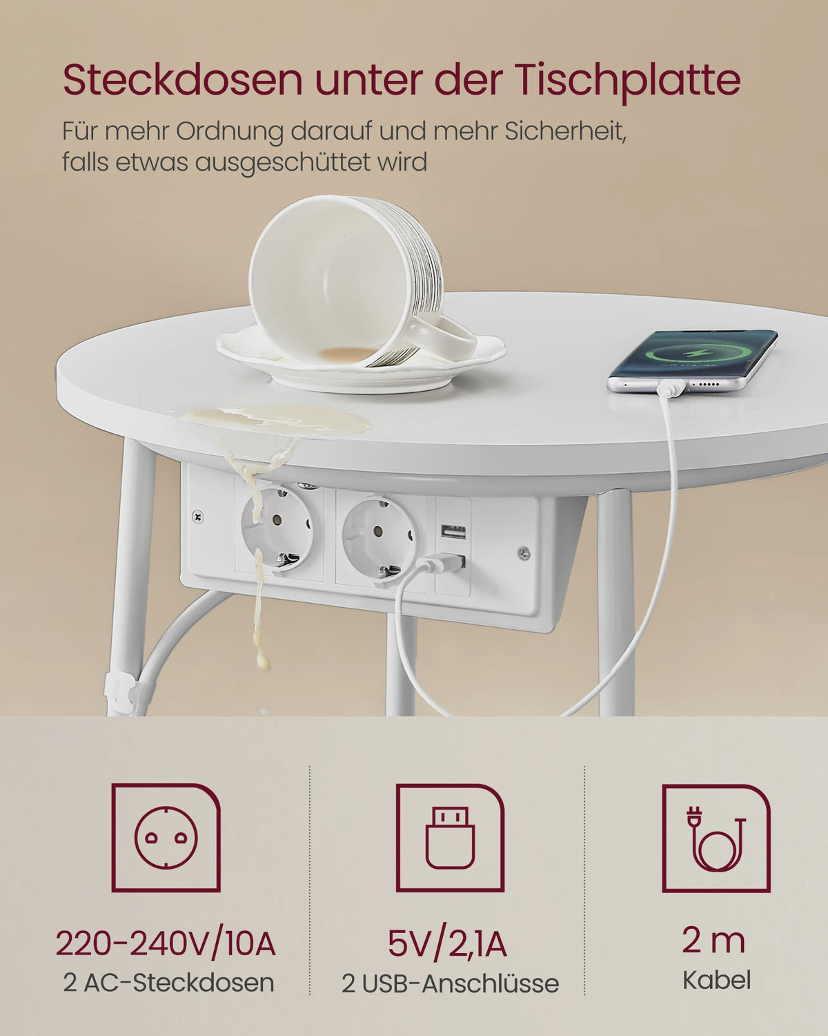 Ronde bijzettafel met stoffen mand en ingebouwde stopcontacten en USB-poorten