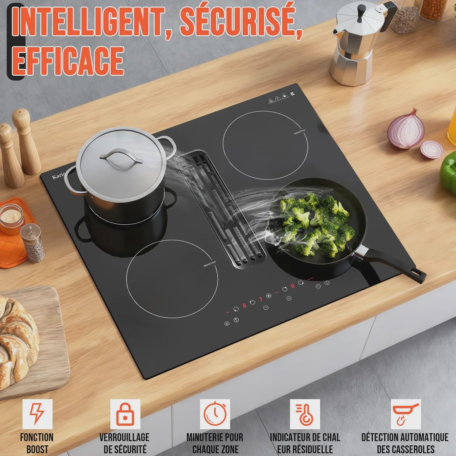 Karinear Inbouw Inductie Kookplaat met Afzuiging - 60cm, 6400W, 9 standen, Timer & Boost