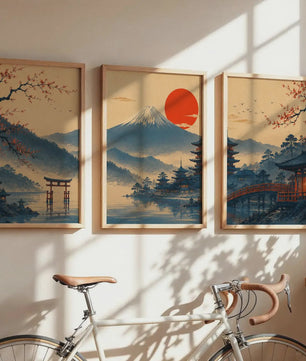Set van 3 Japanse Muurkunst Prints: Fuji, Torii Poort & Pagode