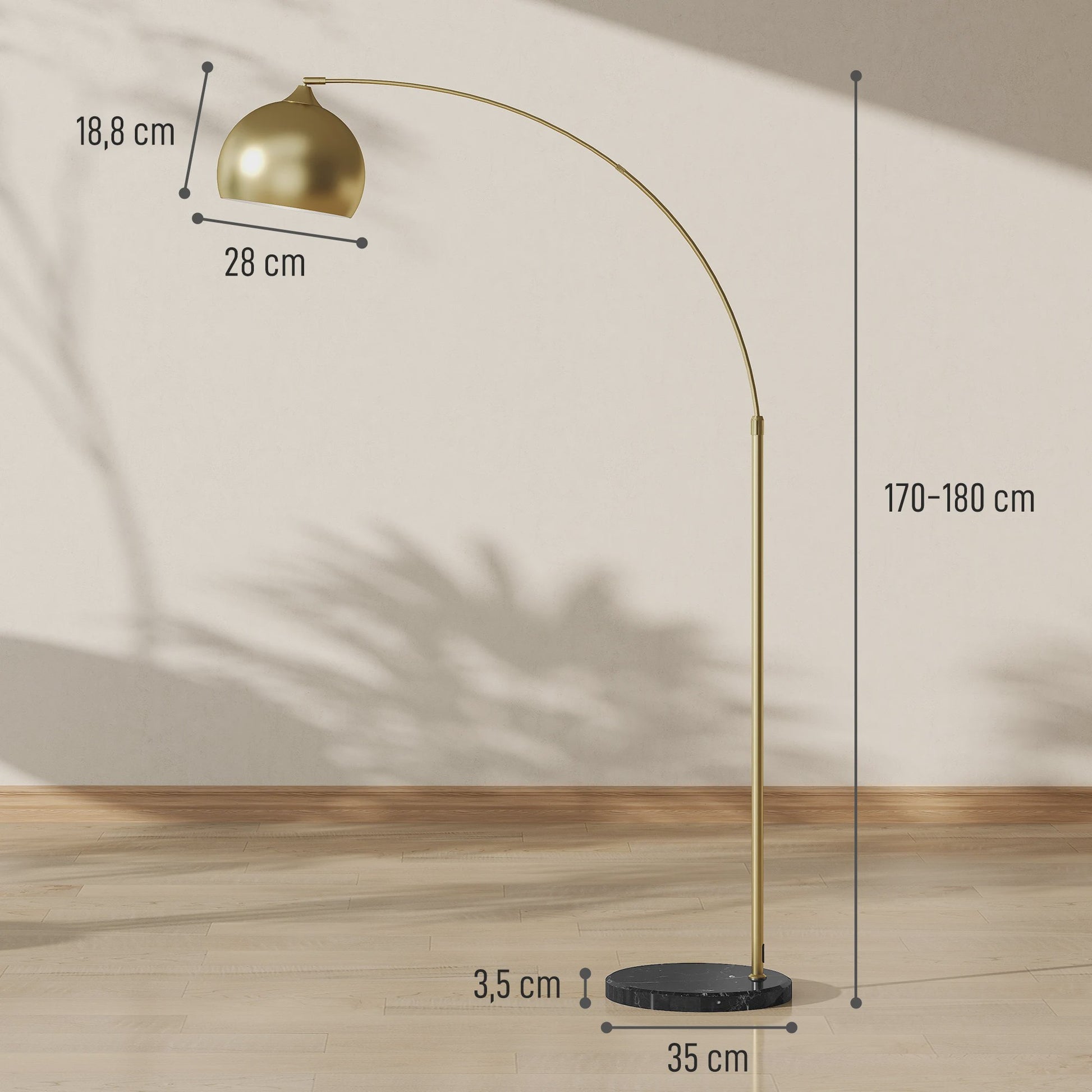 Moderne Boog Vloerlamp Goud - Verstelbaar, E27 Fitting, Voetschakelaar - Stijlvolle Leeslamp voor Woonkamer, Slaapkamer, Kantoor (110-180cm)