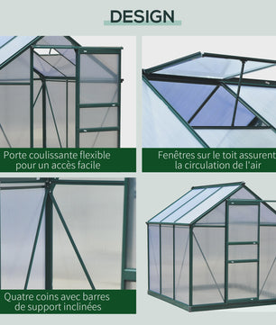 Outsunny Polycarbonaat Tuinkas 190x201 cm UV-bestendig met Dakgoot - Donkergroen