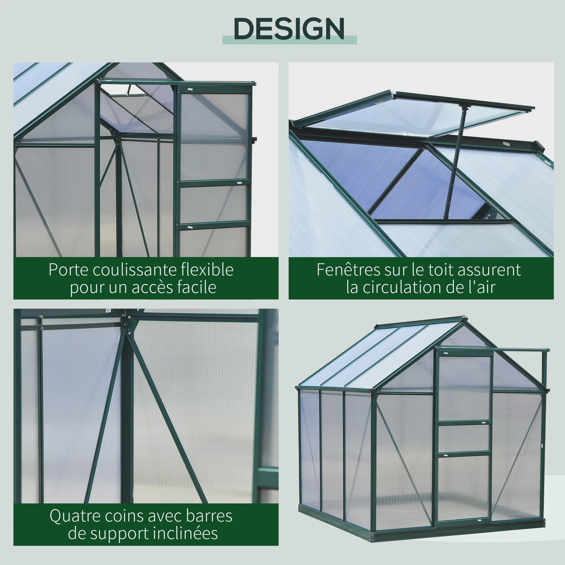 Outsunny Polycarbonaat Tuinkas 190x201 cm UV-bestendig met Dakgoot - Donkergroen