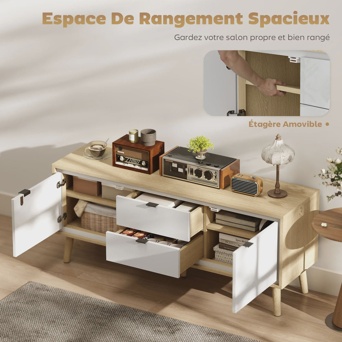 HOMCOM TV Meubel 120cm - Modern Wit & Eiken met Hoogglans Deuren en Laden