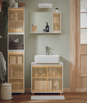 Smalle Hoge Badkamerkast met Planken - Wit & Houtkleur - 33x165x33 cm