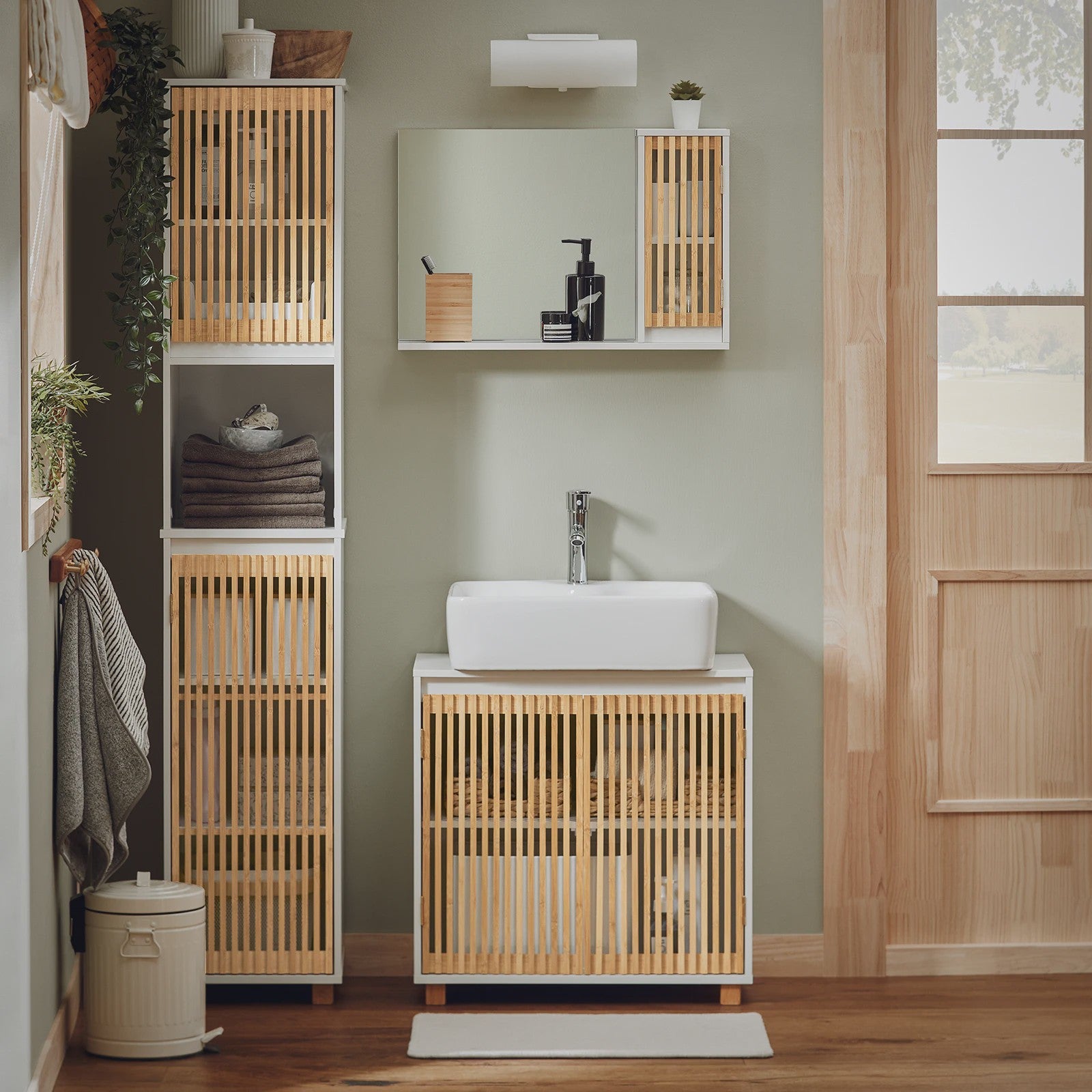 Smalle Hoge Badkamerkast met Planken - Wit & Houtkleur - 33x165x33 cm