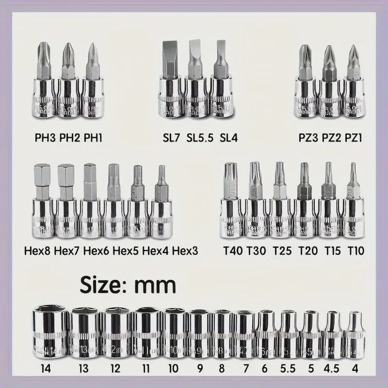 46-delige 1/4 inch doppenset met ratel en bits – Complete gereedschapskit voor motor en auto