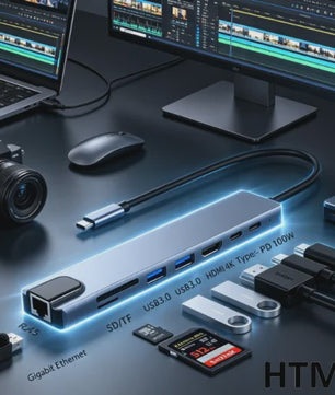 8-in-1 USB-C Hub: 4K HDMI, RJ45, SD/TF Kaartlezer & PD Snellaad Adapter