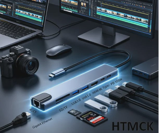 8-in-1 USB-C Hub: 4K HDMI, RJ45, SD/TF Kaartlezer & PD Snellaad Adapter