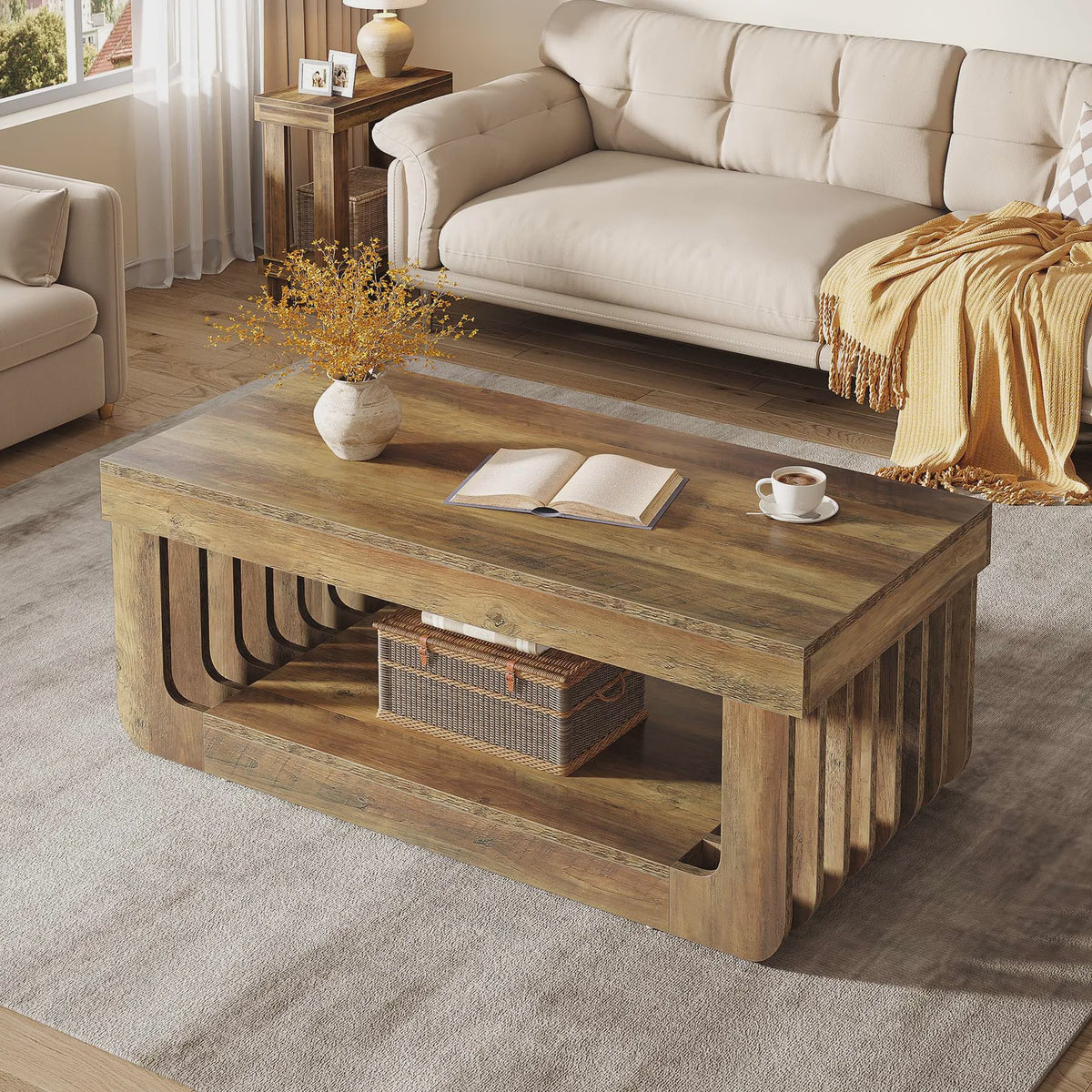 Houten Salontafel met 2 Niveaus en Opbergruimte - 120 cm Breed