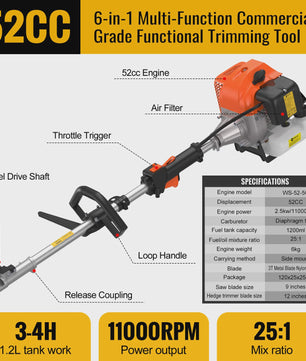 CONENTOOL 52CC 6-in-1 Benzine Tuinmachine: Grastrimmer, Heggenschaar, Kettingzaag & Meer