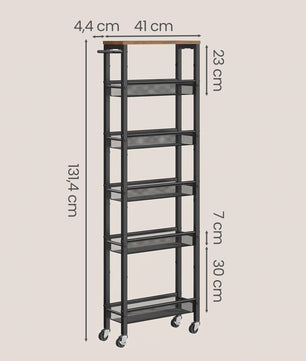 VASAGLE Smalle Keukenwagen met 6 Etages en Wielen - 45.4 x 15 x 131.4 cm