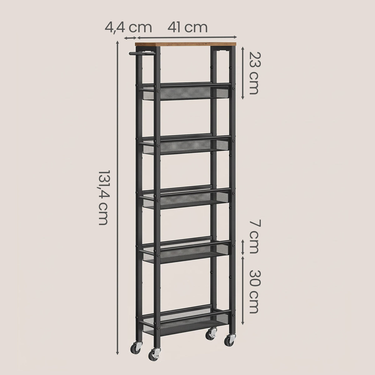 VASAGLE Smalle Keukenwagen met 6 Etages en Wielen - 45.4 x 15 x 131.4 cm