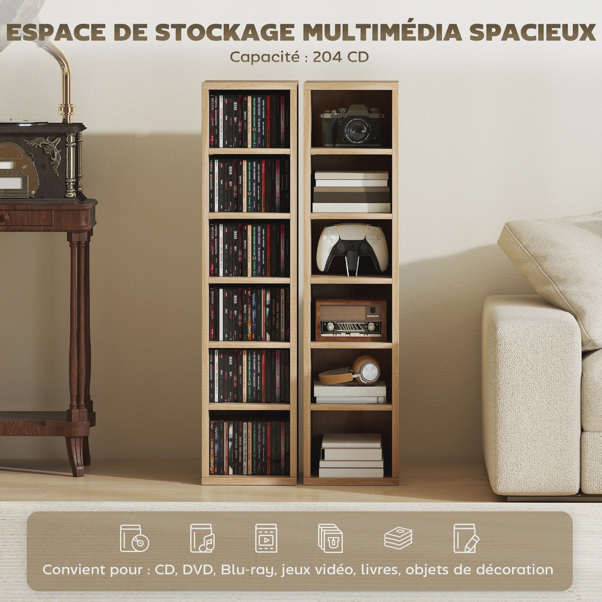 HOMCOM Set van 2 Houten Opbergkasten voor CD/DVD - Eiken Kleur