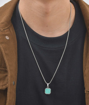 Vnox Heren Turquoise Hanger Ketting - RVS Boxketting, Vintage Stijl