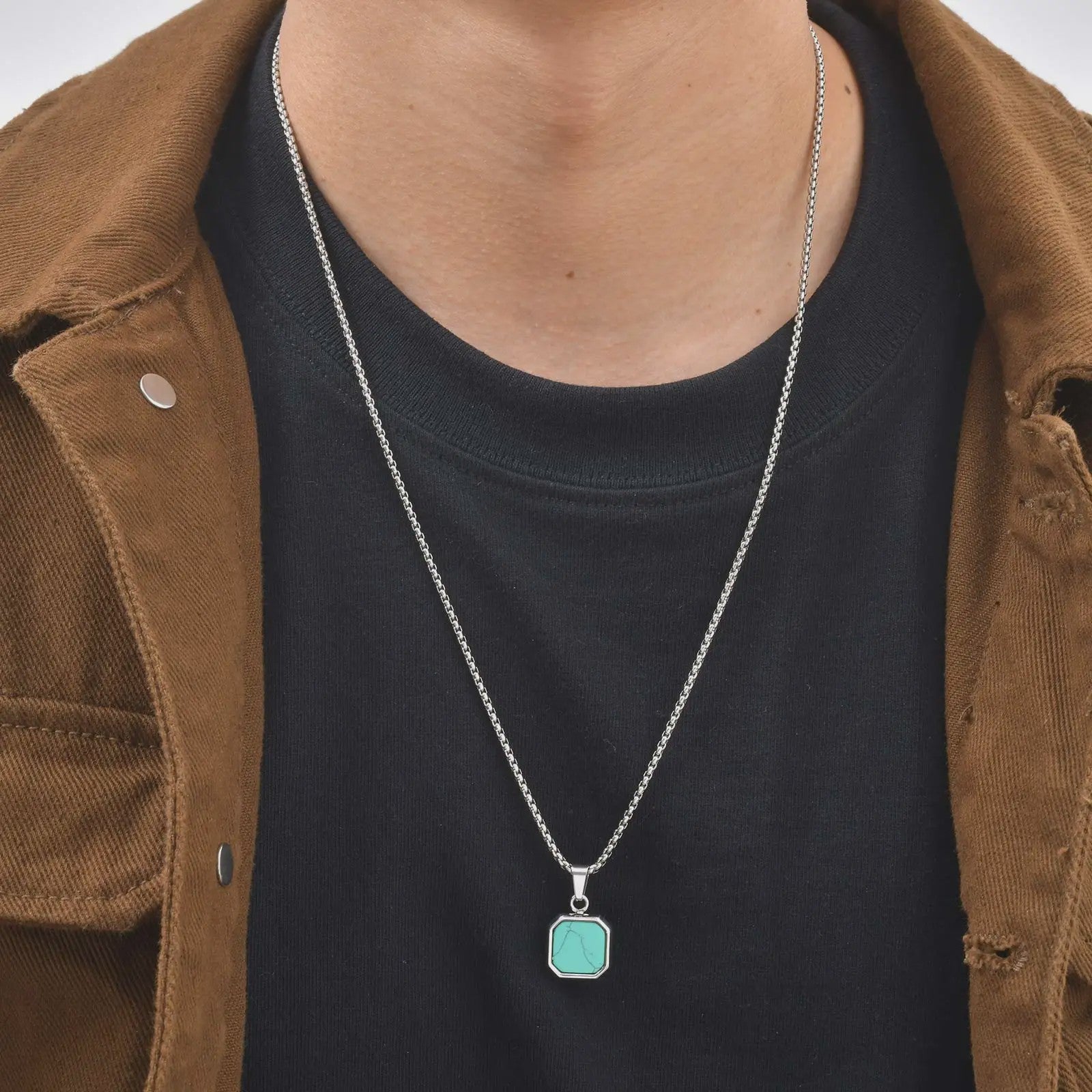 Vnox Heren Turquoise Hanger Ketting - RVS Boxketting, Vintage Stijl