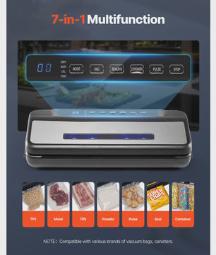 Krachtige Vacuümsealer 120W met 80Kpa zuigkracht - 7-in-1 voor alle voedselsoorten, inclusief 10 zakken