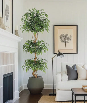Kunst Ficus Boom met Gebogen Stam en Witte Pot - Realistische Zijde Plant voor Binnen & Buiten