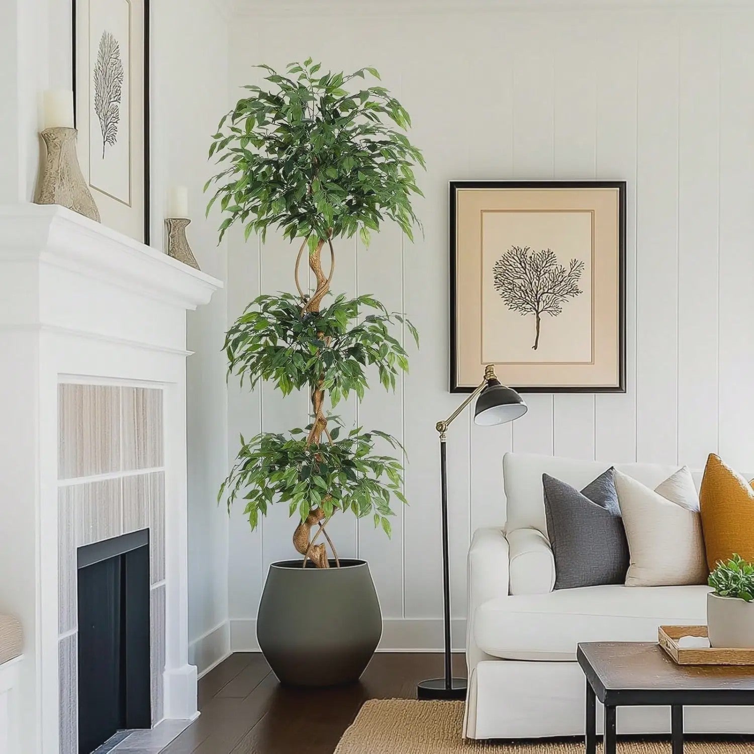 Kunst Ficus Boom met Gebogen Stam en Witte Pot - Realistische Zijde Plant voor Binnen & Buiten