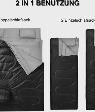 2-in-1 Slaapzak XL voor 2 Personen | Dubbel of Twee Enkele Slaapzakken | Inclusief 2 Kussens | 220x150cm