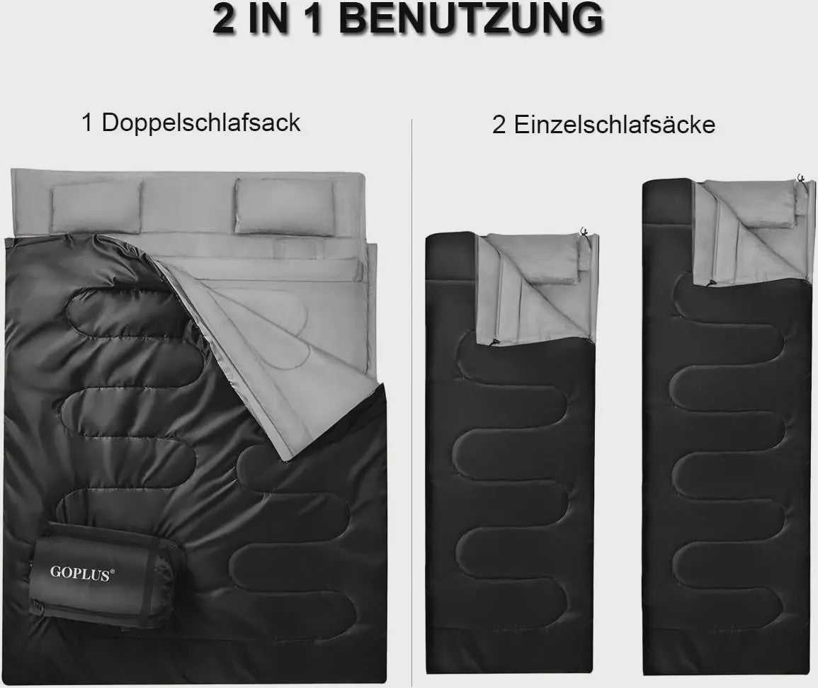 2-in-1 Slaapzak XL voor 2 Personen | Dubbel of Twee Enkele Slaapzakken | Inclusief 2 Kussens | 220x150cm