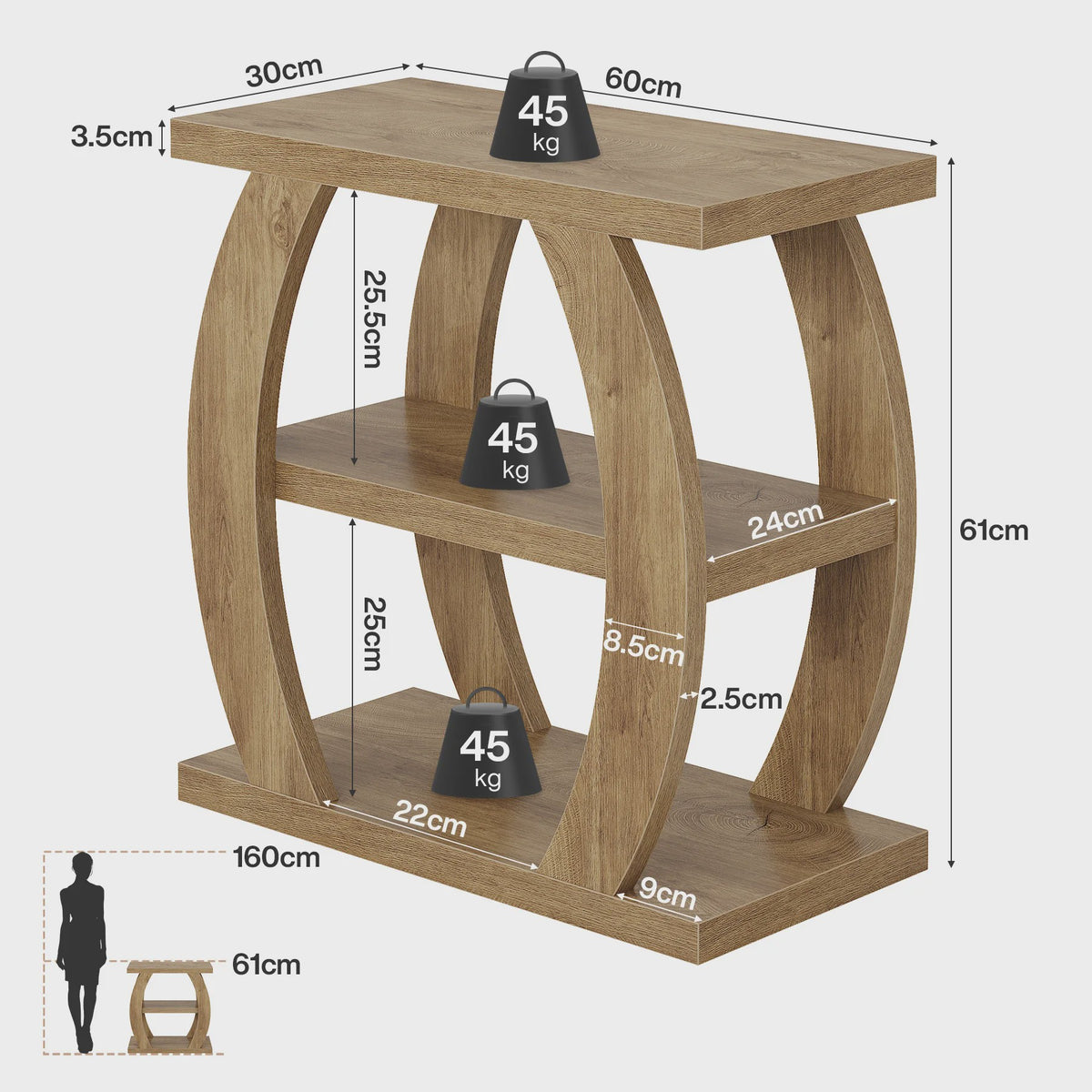 Houten Bijzettafel met 3 Niveaus en Geometrisch Frame - Natuurlijk Eiken