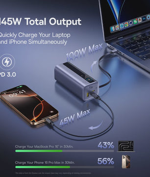 Baseus 145W Powerbank 20000mAh met Ingebouwde 100W Intrekbare USB-C Kabel