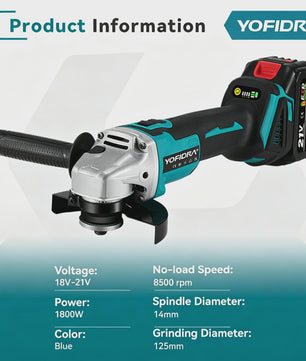 YOFIDRA Accu Haakse Slijper 125mm M14 - Borstelloze Motor, 21V Kracht