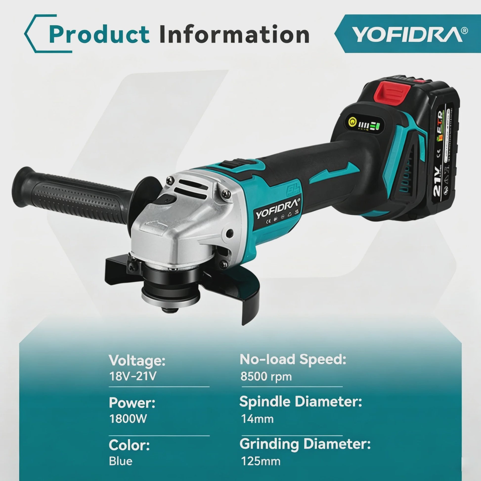 YOFIDRA Accu Haakse Slijper 125mm M14 - Borstelloze Motor, 21V Kracht