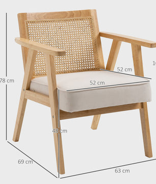 Stijlvolle Lounge Chair met Rotan Rugleuning en Houten Armleuningen - Beige