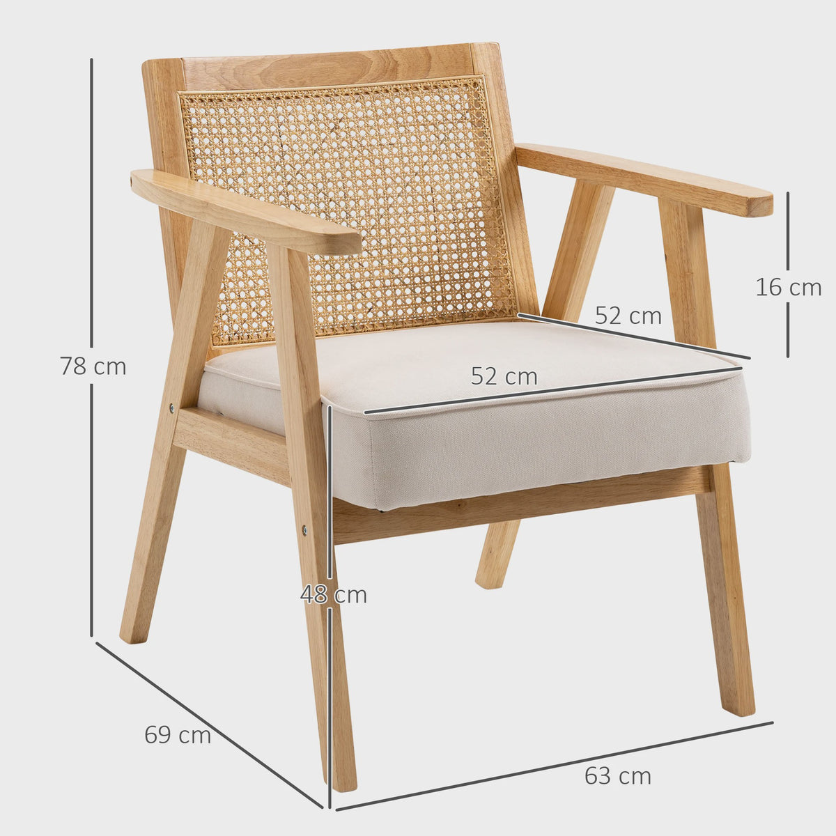 Stijlvolle Lounge Chair met Rotan Rugleuning en Houten Armleuningen - Beige