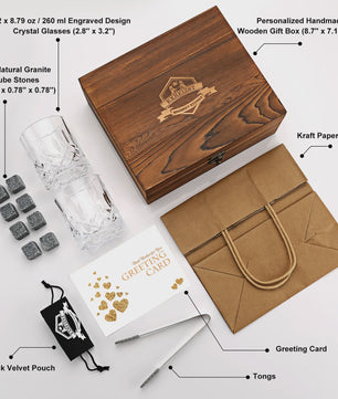 Luxe Whiskey Set met Glazen en Granieten Stenen - Houten Cadeaubox