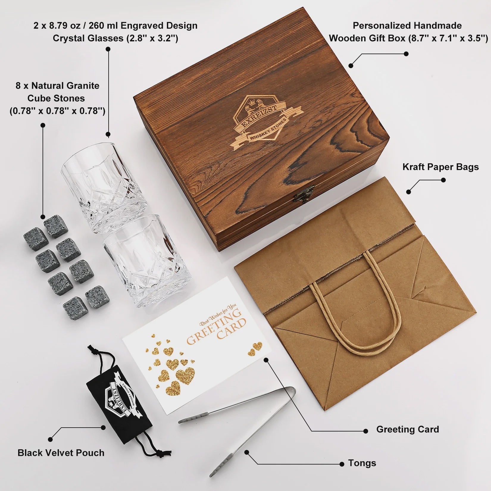 Luxe Whiskey Set met Glazen en Granieten Stenen - Houten Cadeaubox