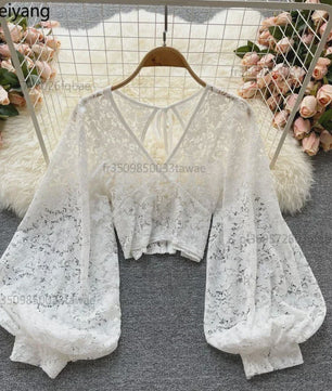 Elegante Dames Blouse met Kant en Lantaarnmouwen - V-hals & Backless