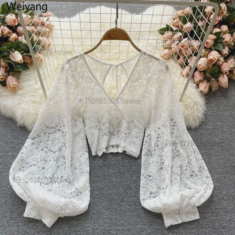 Elegante Dames Blouse met Kant en Lantaarnmouwen - V-hals & Backless