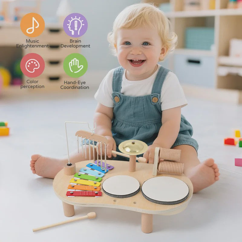Montessori Houten Muziektafel 7-in-1 voor Kinderen - Xylofoon, Trommel & Meer