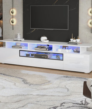 Stijlvolle TV Meubel 180cm Hoogglans Wit met LED Verlichting en 10 Opbergvakken