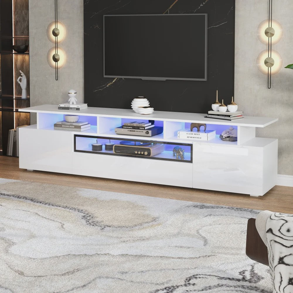 Stijlvolle TV Meubel 180cm Hoogglans Wit met LED Verlichting en 10 Opbergvakken