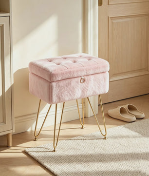 Luxe Fauteuil Poef met Opbergruimte & Pluche Zitting - Goudkleurige Poten