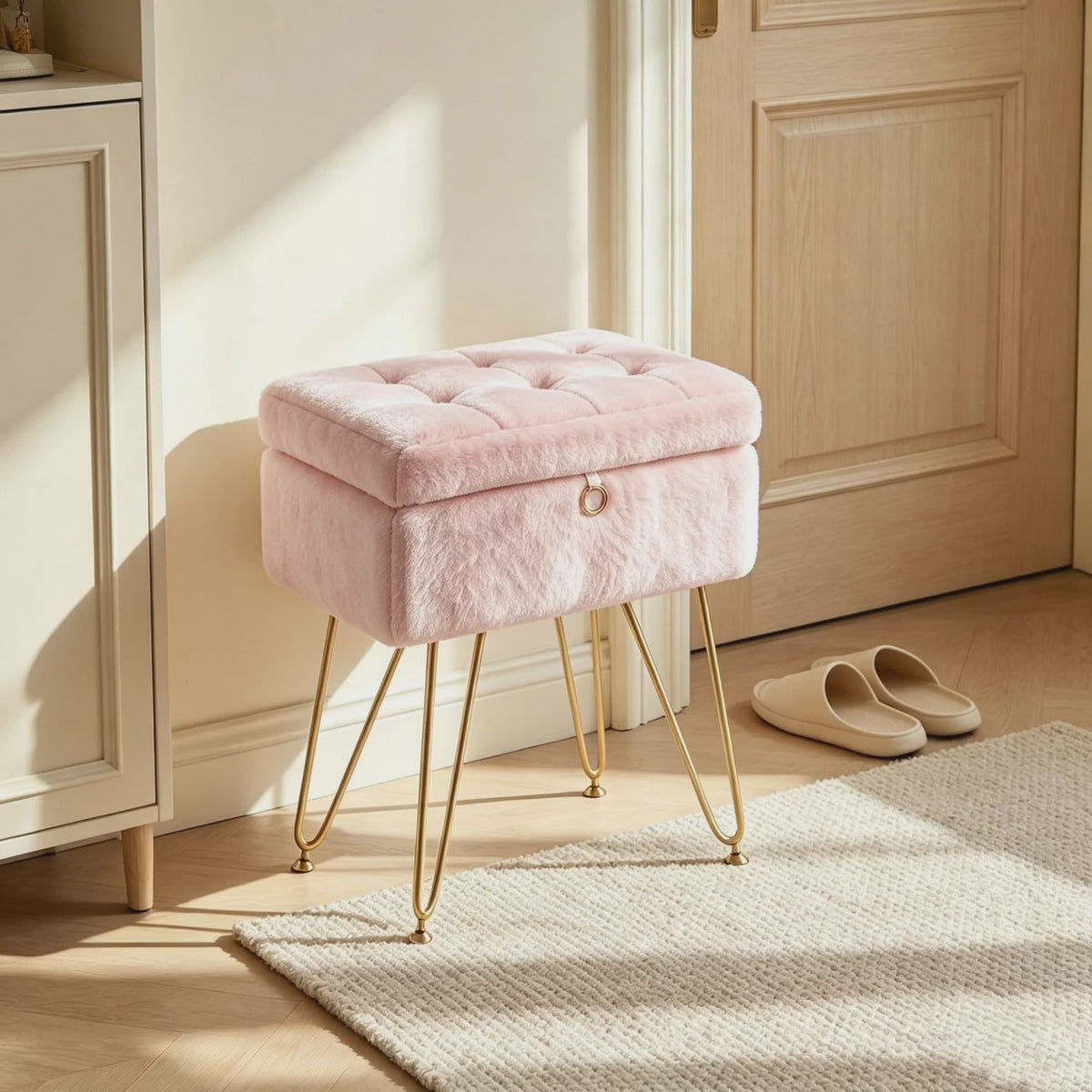 Luxe Fauteuil Poef met Opbergruimte & Pluche Zitting - Goudkleurige Poten