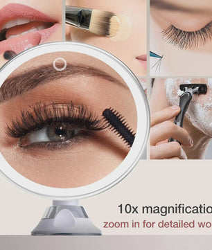 Draagbare Make-up Spiegel met 10x Vergroting, 3 Kleuren LED Licht en Zuignap