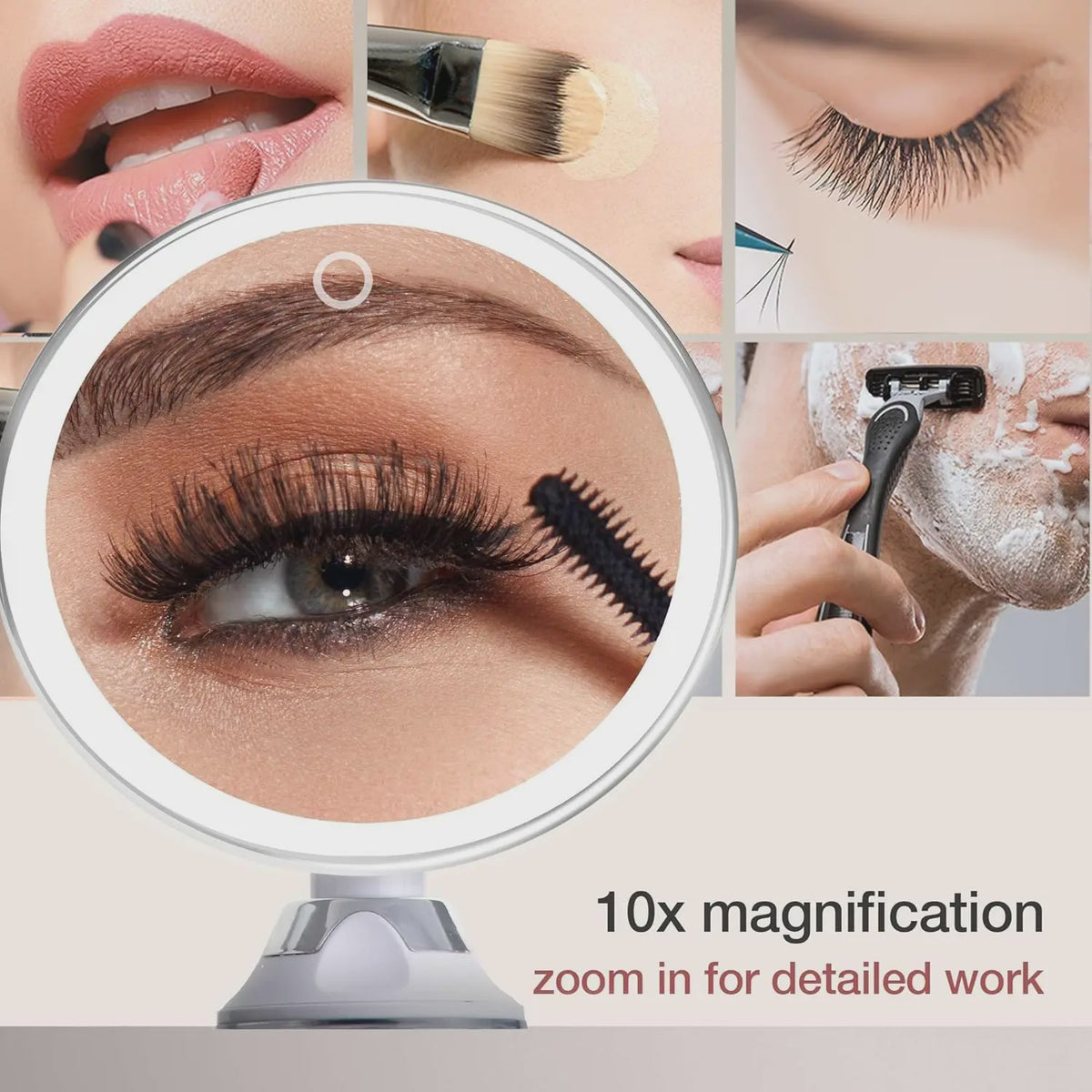 Draagbare Make-up Spiegel met 10x Vergroting, 3 Kleuren LED Licht en Zuignap