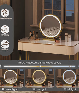 Elegante Witte Kaptafel met LED Spiegel en 3 Verlichtingsniveaus - Make-up Tafel met Grote Lades