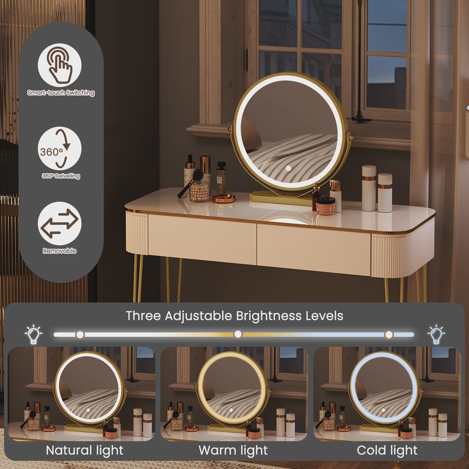 Elegante Witte Kaptafel met LED Spiegel en 3 Verlichtingsniveaus - Make-up Tafel met Grote Lades