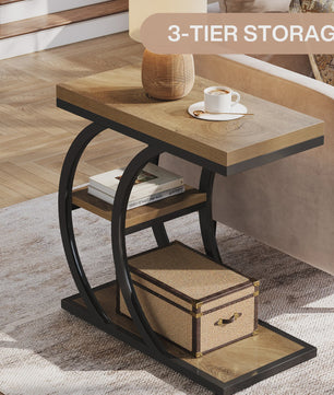 Industriële C-vormige bijzettafel met 3 niveaus en opbergruimte - Natuurlijk hout