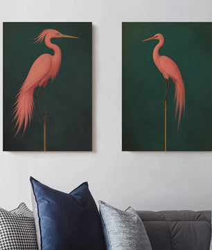 Japandi Poster Set: Roze Japanse Kraanvogels & Blauwe Reigers op Canvas