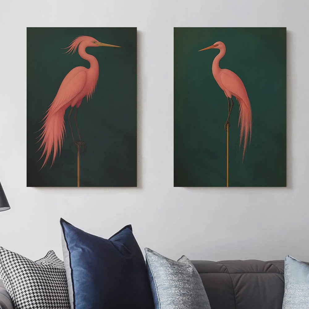 Japandi Poster Set: Roze Japanse Kraanvogels & Blauwe Reigers op Canvas