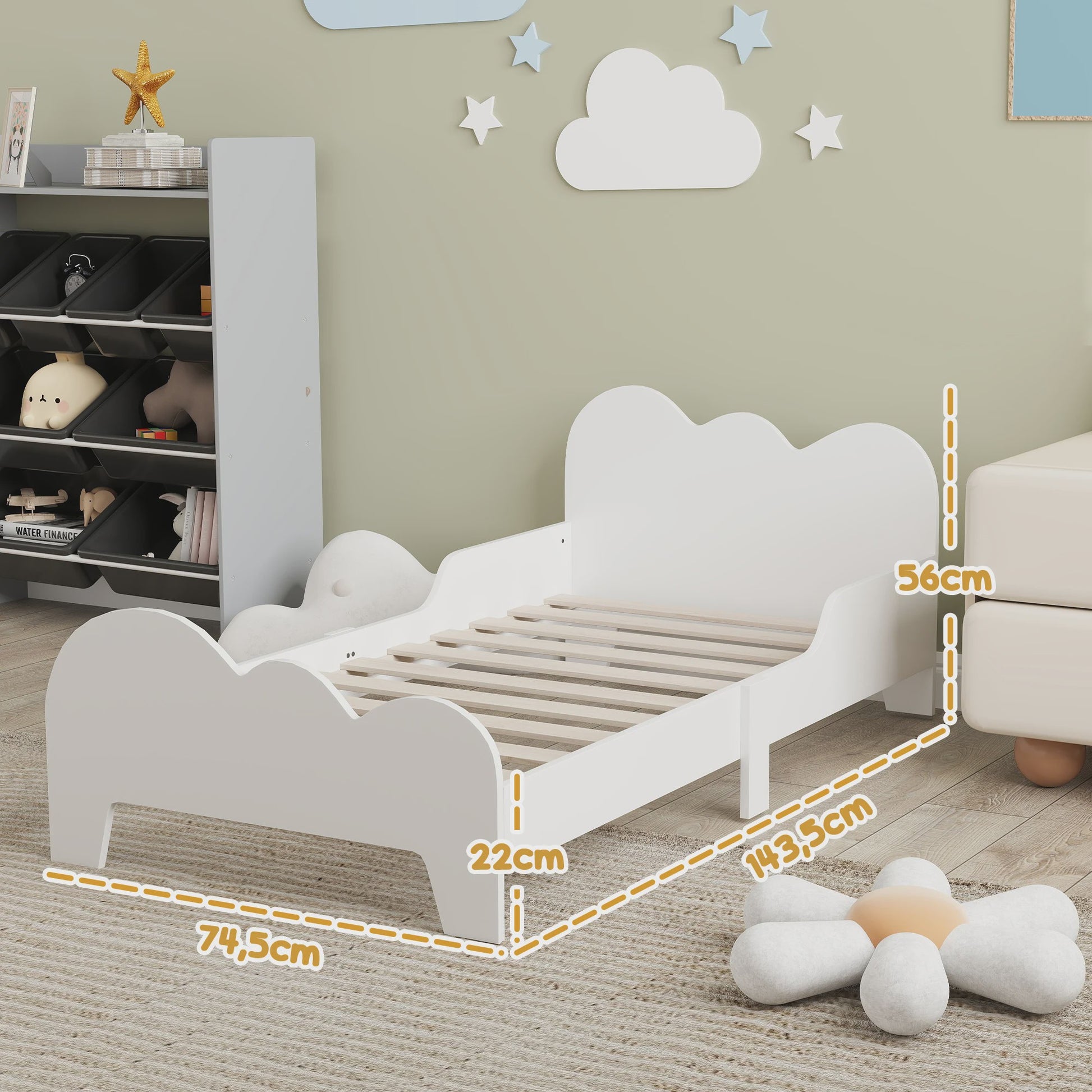 Wit Kinderbed 140x70 cm met Wolk Thema en Veiligheidsrekje