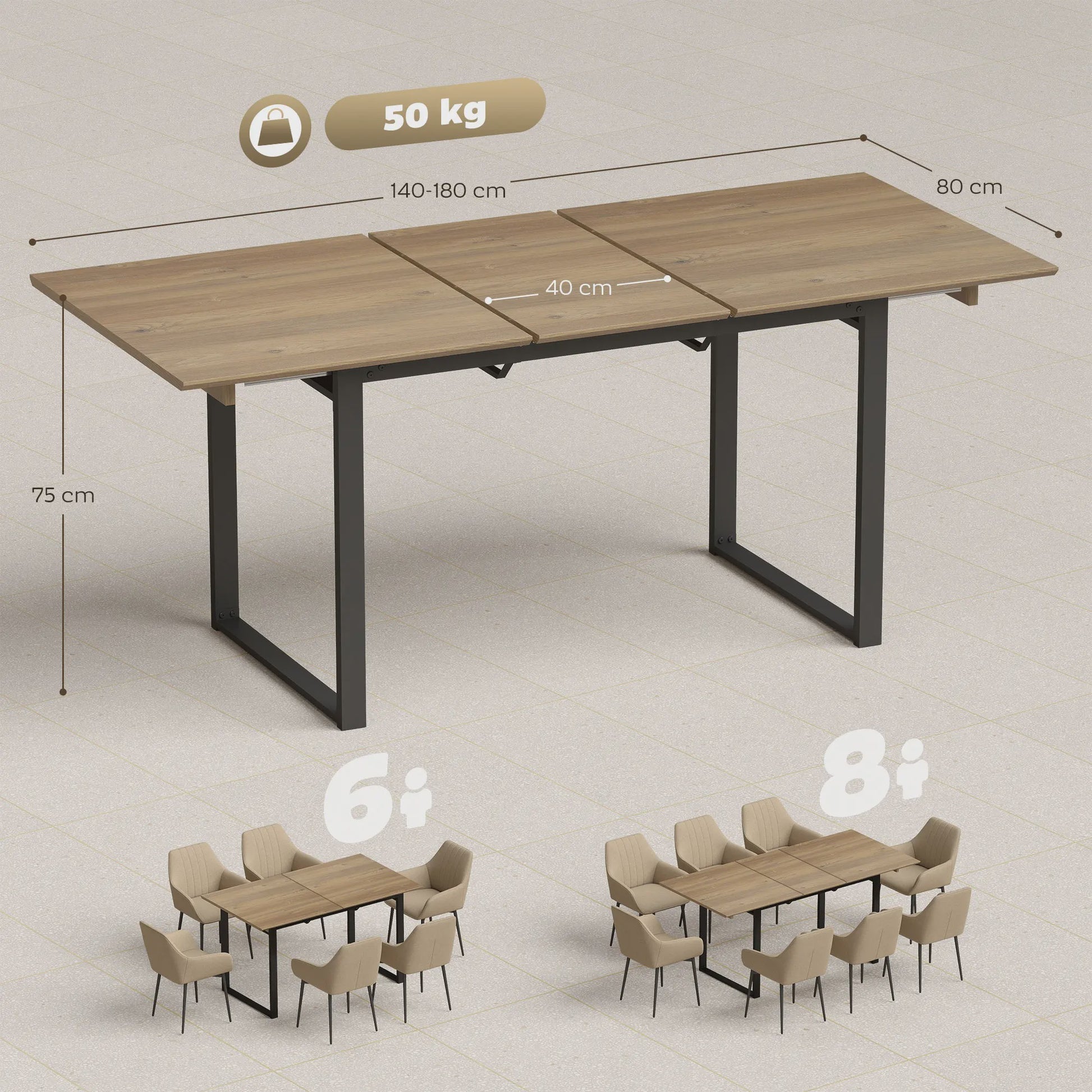 Uitschuifbare Eettafel Industrieel Stijl - 140-180 cm - Natuurlijk Hout Effect - Geschikt voor 6-8 Personen