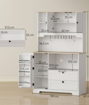 Homcom Keuken Serveertafel met 3 Deuren, 2 Lades en 8 Haken - Wit