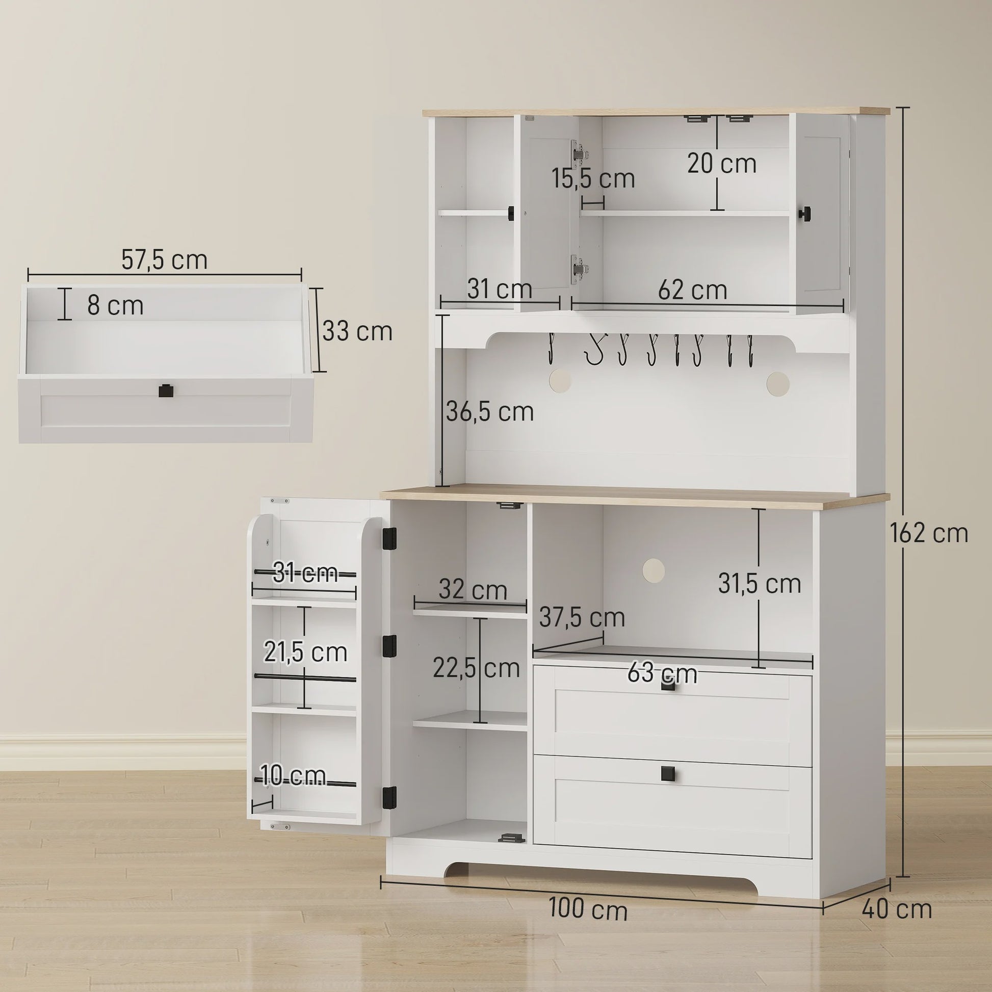 Homcom Keuken Serveertafel met 3 Deuren, 2 Lades en 8 Haken - Wit